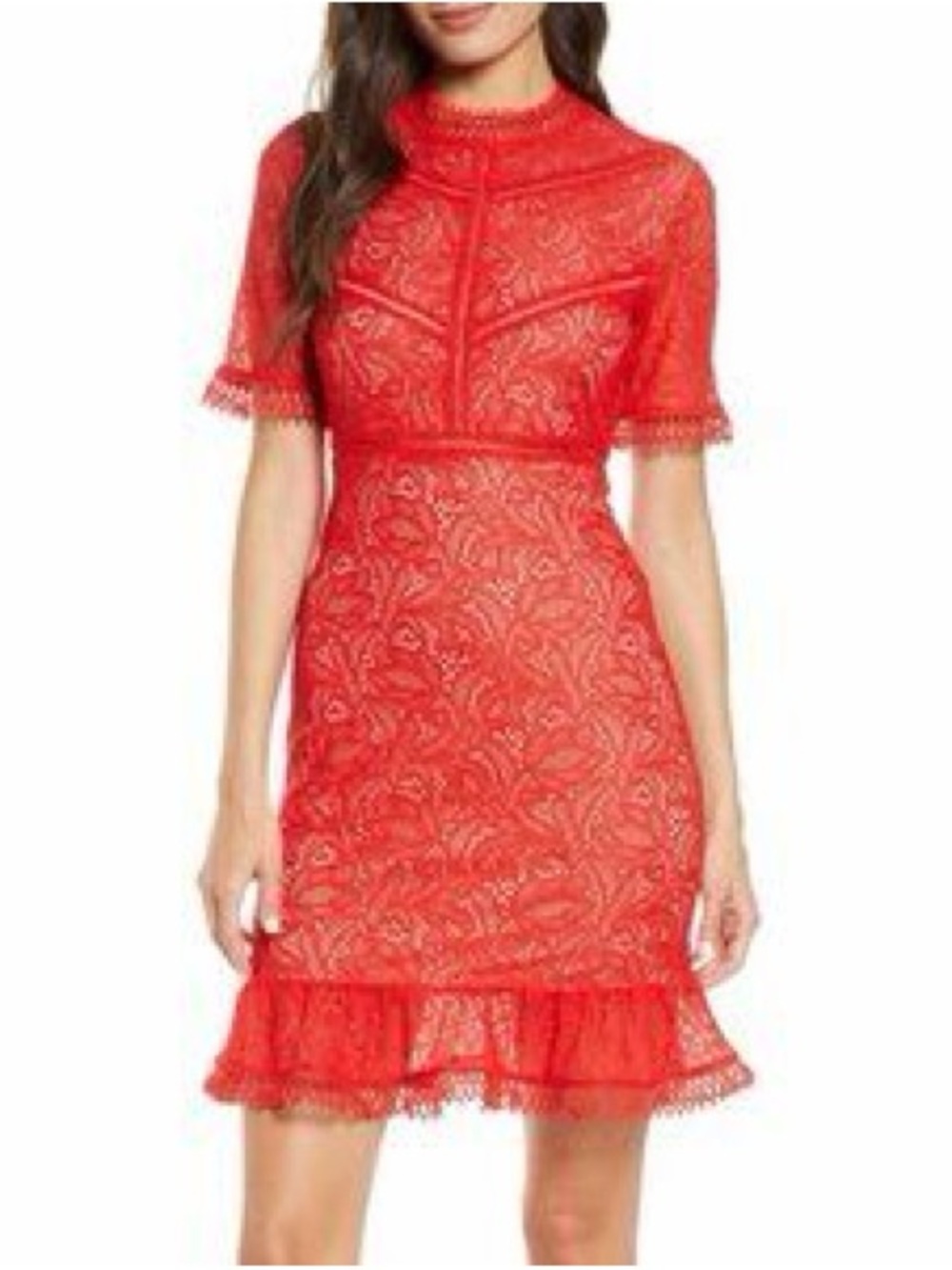 Bardot Red Lace Fit & Flare Dress with Ruffle Hem